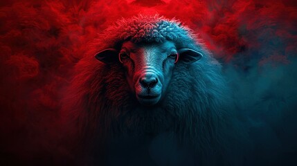   A close-up of a sheep's face with red and blue smoke emanating from its back - obrazy, fototapety, plakaty