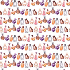 Watercolor seamless pattern with various perfume bottles and cosmetics