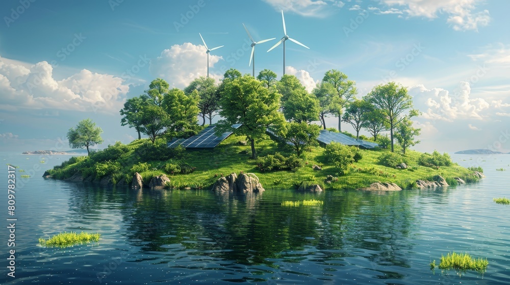 Wall mural a 3d rendering depicting earth with solar panels, wind turbines, and lush trees