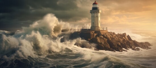 the lighthouse and the fierce waves of the tsunami