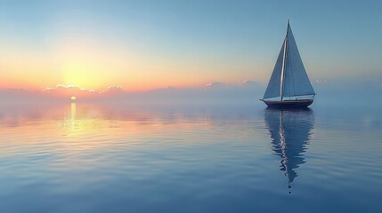   A sailboat sails serene on water as the sun descends