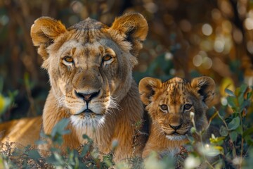 Obraz premium An intimate scene with a lioness and her cub bathed in golden hour light, surrounded by foliage