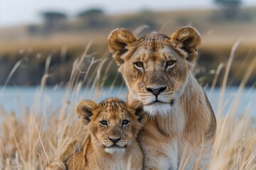 Obraz premium Tender moment between a lioness and her cub, nestled together in a grassy plain