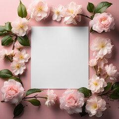 a photo of a baby pink sheet of paper centered on the screen surrounded by pink camelias