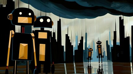 Robots, metallic sheen, advanced technology, standing in a futuristic cityscape, ominous clouds gathering overhead, 3D rendered, Backlights, Chromatic Aberration, Silhouette shot