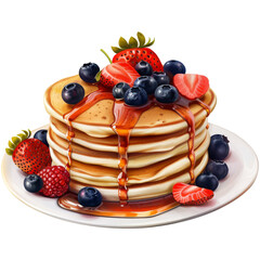Pancakes with strawberries, blueberries and syrup, on a transparent background