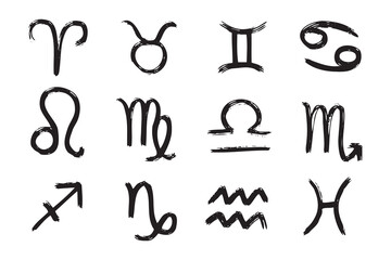 Hand drawn zodiac signs. Doodle Esoteric symbol set. Astrology clipart design Elements 