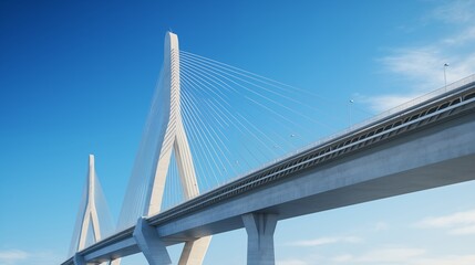 Obraz premium A photo of a bridge taken from a low angle with a blue sky in the background. represents civil engineering.