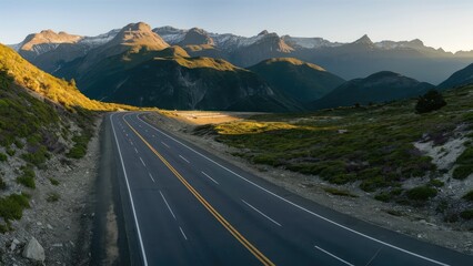 Fototapeta premium Asphalt highway road and mountain natural scenery at sunrise. panoramic view
