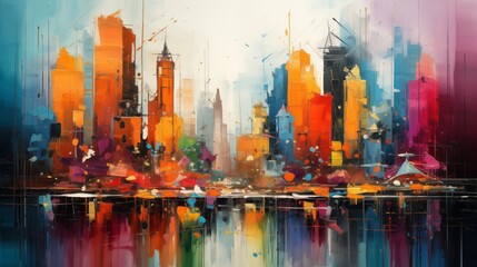 Abstract painting, the city comes to life with a burst of vibrant colors and dynamic shapes.