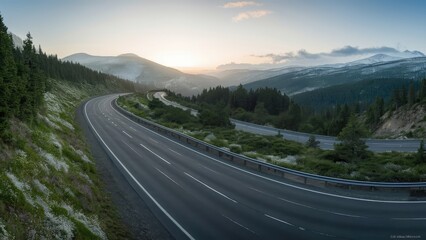 Fototapeta premium Asphalt highway road and mountain natural scenery at sunrise. panoramic view