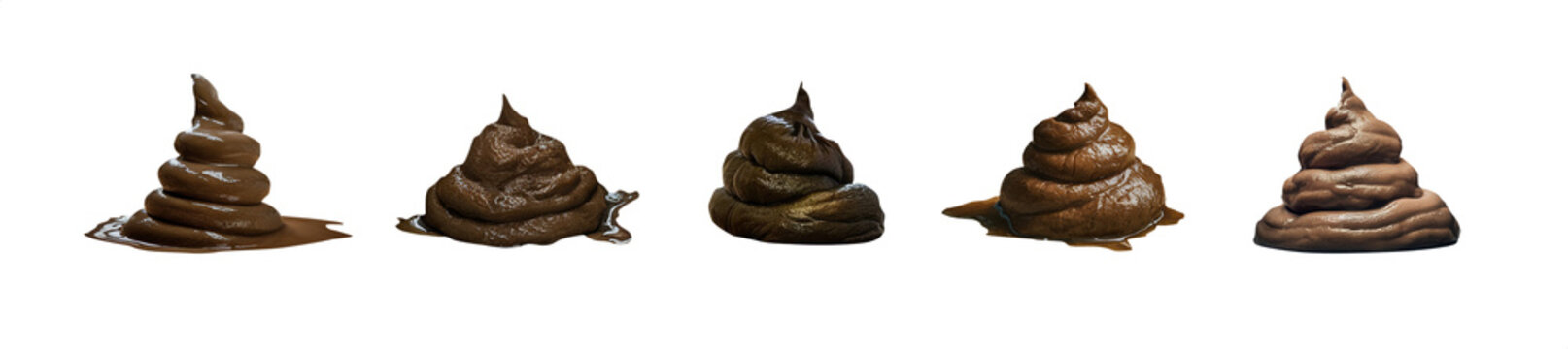 Set of realistic 3D poop in various shapes. Isolated transparent PNG background. Brown fecal matter piles. Pet poop. doo-doo. Comical concept. Wet and dry options. collection 02