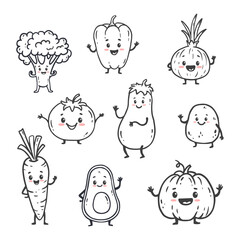 set of funny cartoon vegetables isolated on white. Vegetable in doodle style. Cute character. 