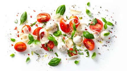 Fresh caprese salad ingredients with mozzarella cheese, cherry tomatoes, basil leaves, and spices scattered on white background.