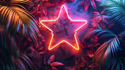 neon background and tropical leaves, using a striking color scheme of pink and orange