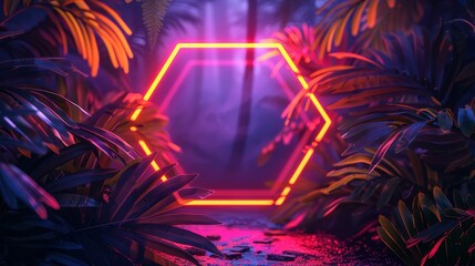 A trendy hexagon frame design with an abstract neon background and tropical leaves