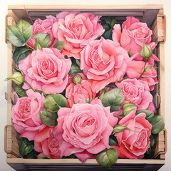 a close up picture of crate full of pink rose, view from the top, watercolour illustration.