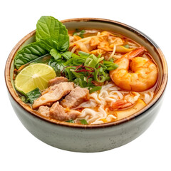 Front view of Banh Canh with Vietnamese thick noodle soup, featuring wide rice noodles, seafood or meat, and a savory broth, on a white transparent background