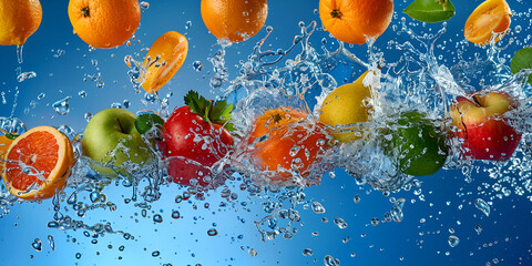  variety of fruits vegetables is splashing out of the blue water with a splash of water is a blue background