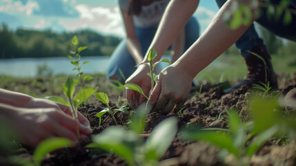 Hands carefully planting a green sapling into fertile soil, symbolizing growth and conservation