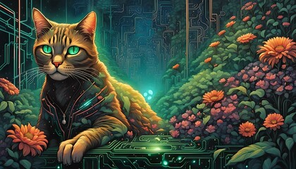 Cat in the garden with flowers and circuit board. Digital illustration.