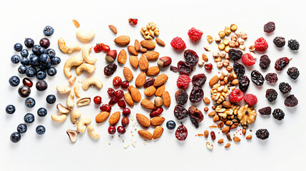 Different nuts dried fruits and berries on white background