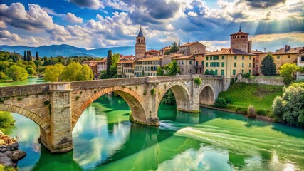 stone bridge over a river with a green river below, old bridge - Powered by Adobe