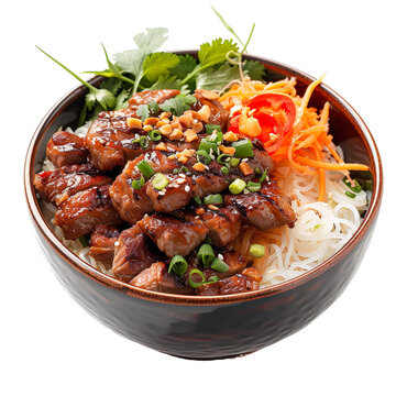 Front view of Bun Thit Nuong with Vietnamese grilled pork vermicelli bowl, featuring marinated grilled pork, rice vermicelli, fresh herbs, and fish sauce, on a white transparent background