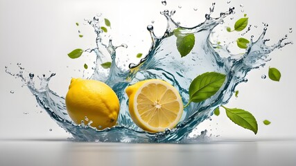 Isolated lemon water splash on a translucent white background, png. Water splash, leaves, and a slice of lemon fruit. water wave, citrus segment, and mint leaves in the backdrop.