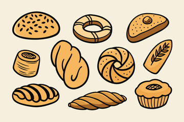 A hand-drawn set of bakery items elements pretzel croissant bread donut baguette Vector in the style of a doodle sketch. For cafe and bakery menus