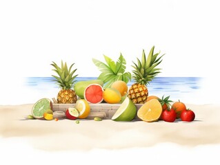 a heap of mixed tropical fruits on a beach