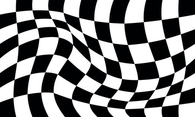 Retro psychedelic black white checkerboard vector background. Groovy wavy y2k checkered pattern