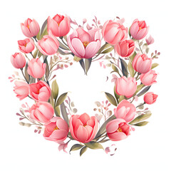 set of tulip flowers and leaf with heart shape wreath, isolated on white background.