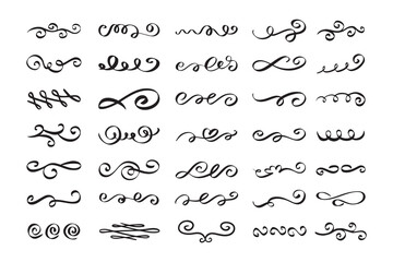 Vintage flourishes, swirls, curls, scrolls set. Calligraphic doodle design elements. Hand drawn 