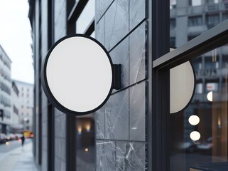 A mockup of an empty white round hanging sign on the side wall of modern building, black frame, isolated background,