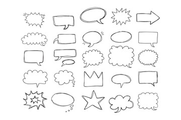 Fototapeta premium Speaking hand drawn doodle bubbles set. Talk clouds sketch frames. Speech thought Balloon shapes.