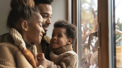 A happy family looking out the window, embracing warm moments with smiles and affection in a cozy home setting. - Powered by Adobe