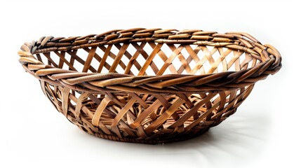 The photo shows a brown wicker basket with a round shape and an open top