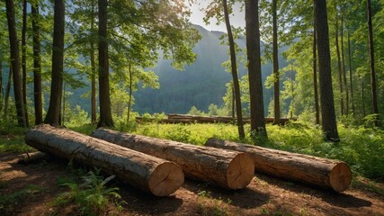 Sunlight filters through trees, casting warm glow on forest floor. Collection of large, cut logs lie in repose, their stillness contrasting with vibrant greenery that surrounds them. In distance.