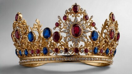 Golden crown, adorned with intricate designs, patterns, glistens under light. Centerpiece large red gem surrounded by smaller gems, elaborate gold filigree. Blue, red gems, interspersed with diamonds.