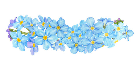 Blue forget-me-not flower. A wreath for a greeting card. Watercolor flowers.
