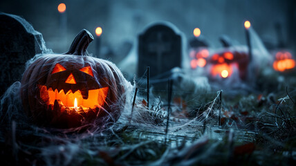 A dark, cobweb-filled graveyard with glowing jack-o'-lanterns peeking out from behind tombstones