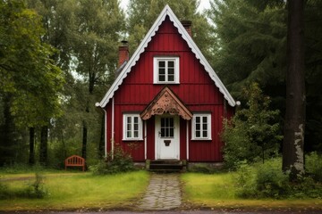 Charming Small red wooden house in sun light. Country view tourism swedish rustic style. Generate Ai