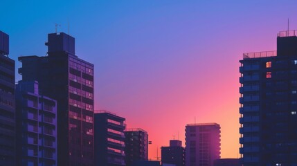 Modern buildings outlined against colorful sunset sky