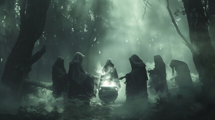 A witches' coven stirring a bubbling cauldron in a misty forest clearing - obrazy, fototapety, plakaty