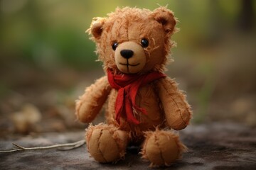 Lone teddy bear with a red scarf sits on the ground, conveying a sense of nostalgia