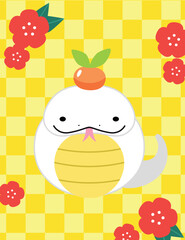Zodiac cute snake with tangerine. Cute cartoon snake with tongue sticking out for chinese new year 2025 greeting card.
