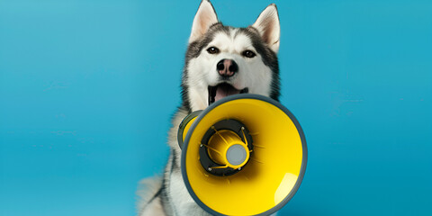 Funny husky dog is holding a yellow loudspeaker announcing Notifying warning announcement Successful advertising and management concept attention on blue background
