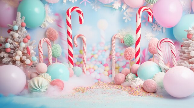 Whimsical Candyland with Candy Canes, Pastel Balloons, and Cotton Candy Decorations