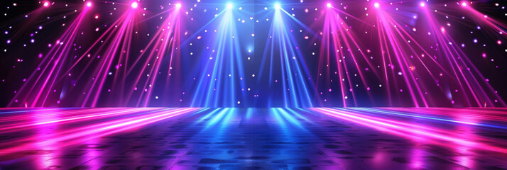 Naklejka premium Neon lights in pink and blue colors on a black background, with a laser show. Free stage with lights, Empty stage with red and purple spotlights,. Presentation concept. empty colorful room 